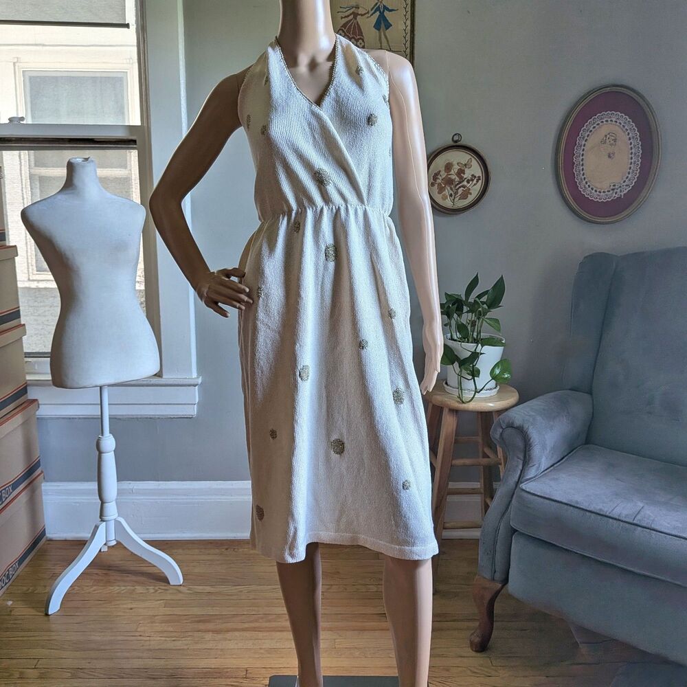 NWT Vintage Kasper for Joan Leslie 90s Knit Dress Halter Gold Polka Dot Size 10